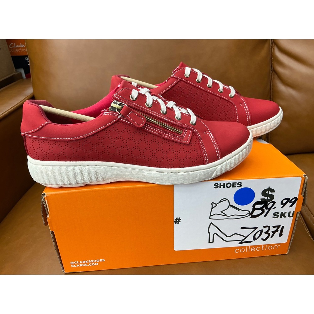 Clarks Caroline Ayla Sneaker Womens 8.5 Red New Perforated Leather Zip Low Top - Picture 7 of 8